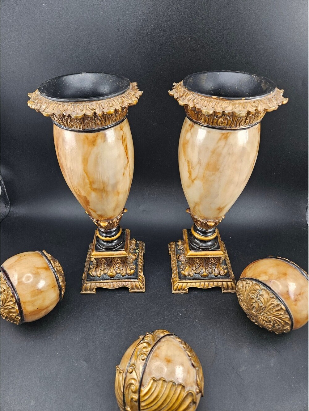 5 pc set Neoclassical Faux Marble & Gold Leaf Vase/Pillar Candle Holders & Orbs